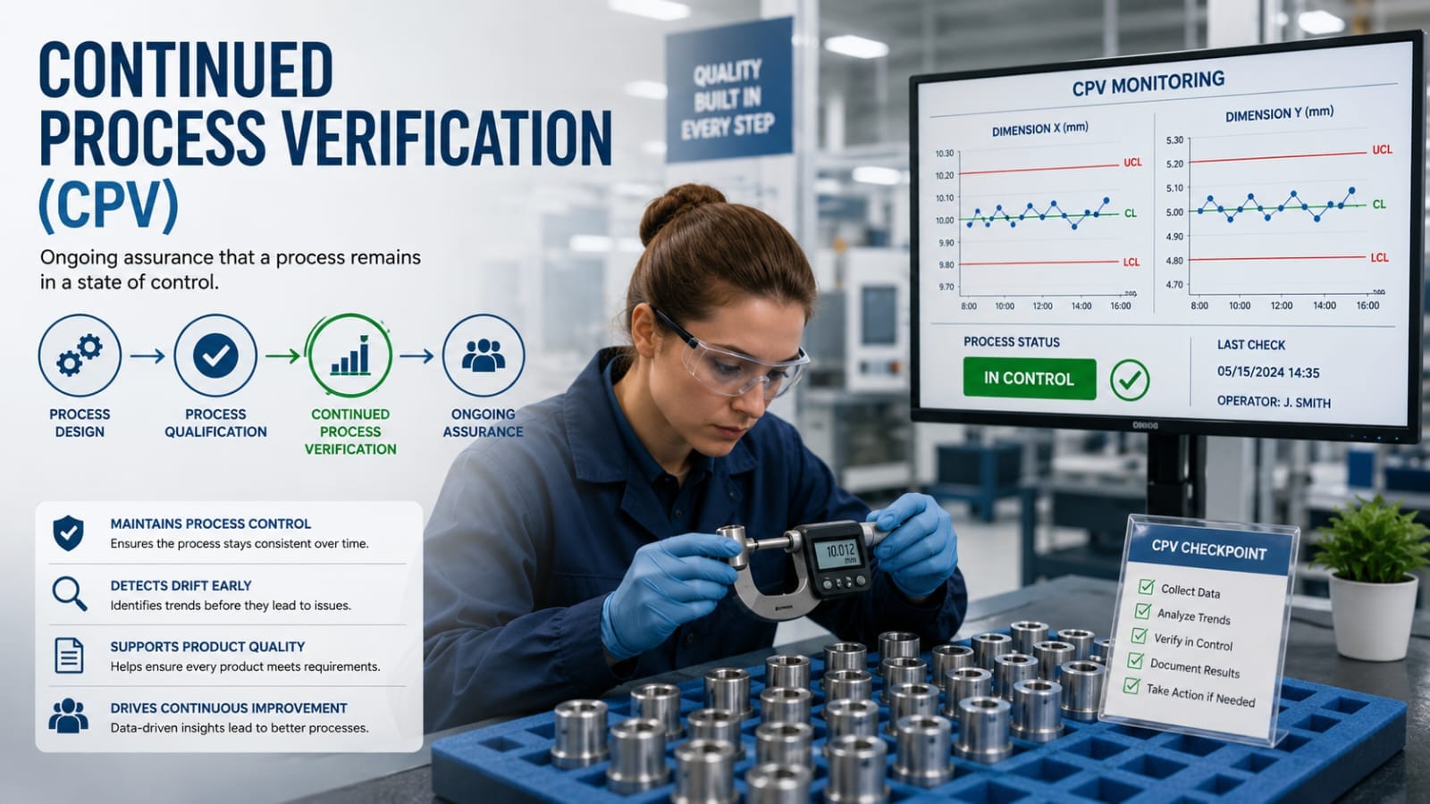 Continued Process Verification (CPV) dashboard showing pharmaceutical manufacturing process monitoring and statistical trend analysis.