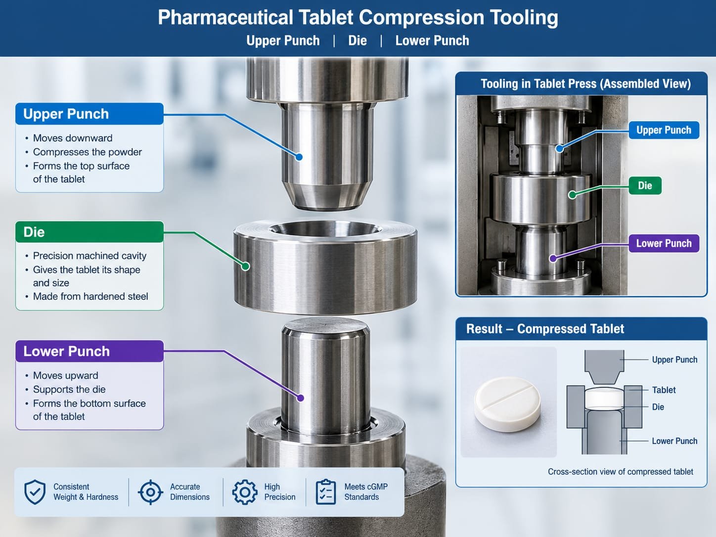 Pharmaceutical tablet compression tooling showing upper punch, lower punch and die