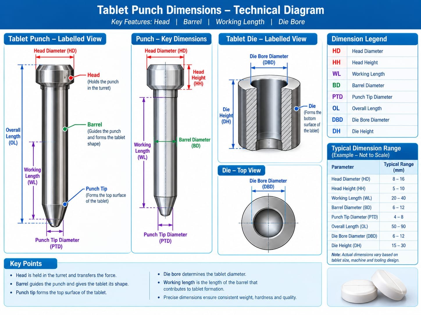 Labeled technical diagram of tablet punch dimensions, working length, head, barrel and die bore
