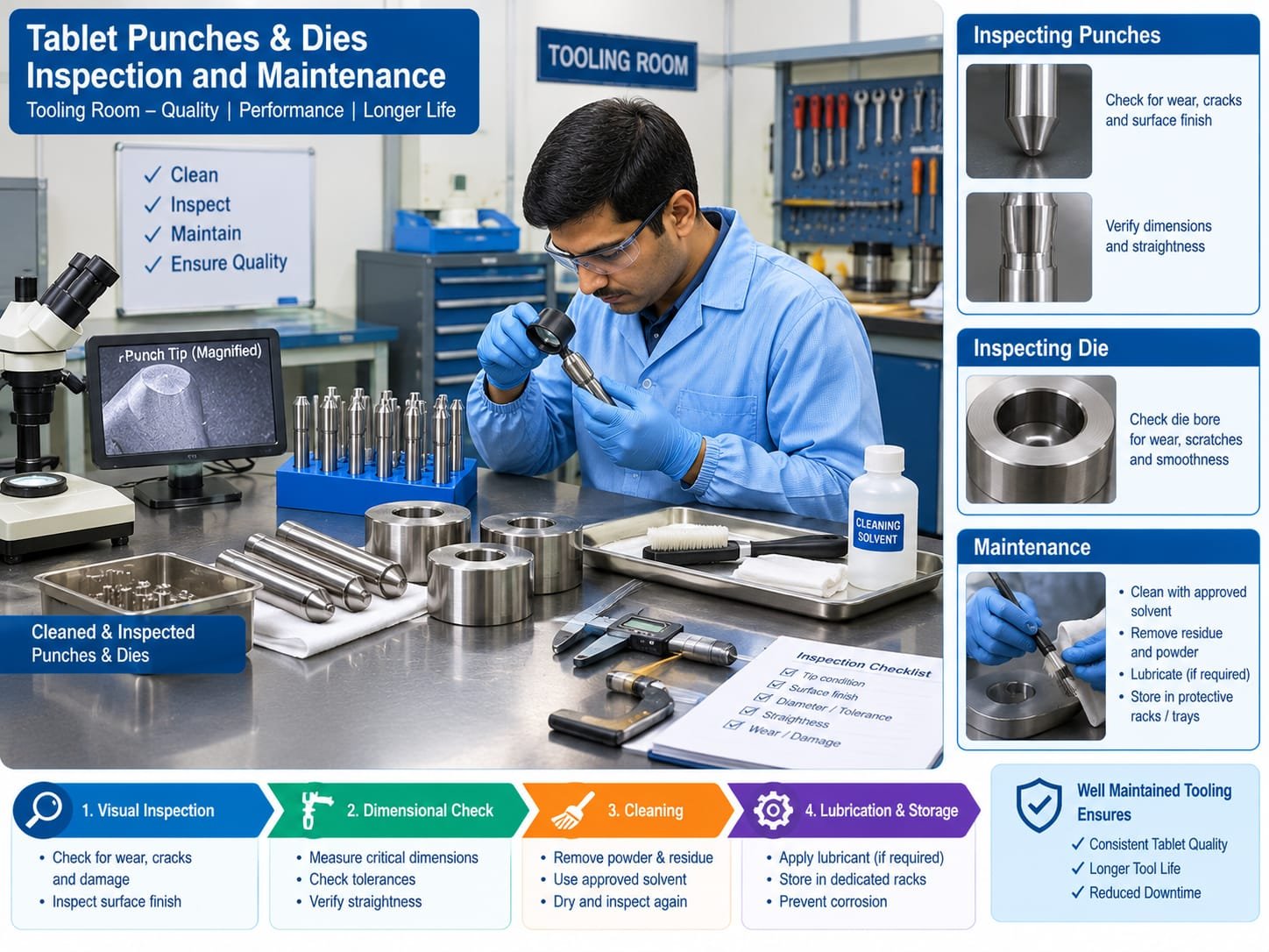 Pharmaceutical tablet punches and dies being inspected and maintained in a tooling room